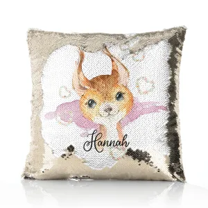Personalised Sequin Cushion with Red squirrel Heart Wreaths and Cute Text