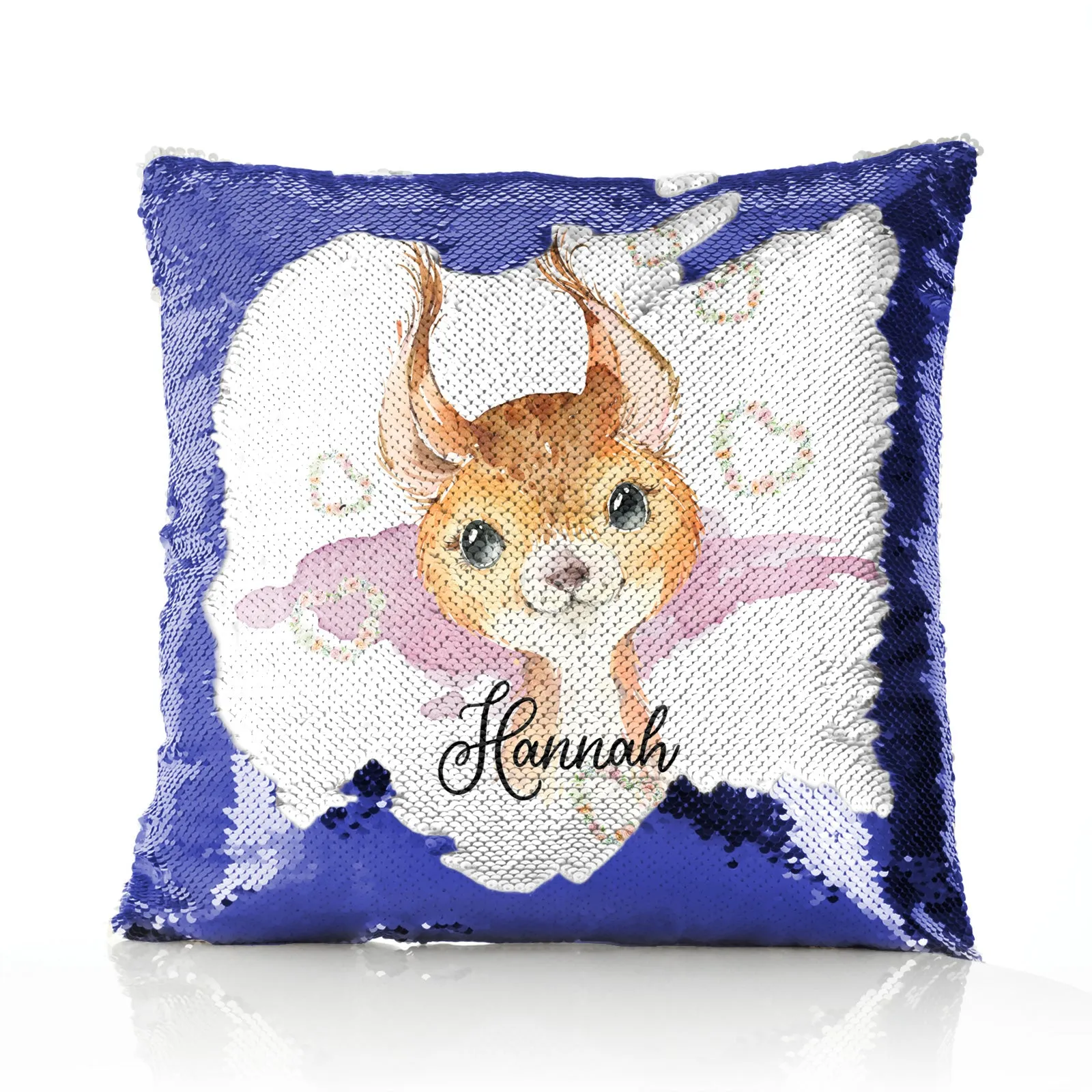 Personalised Sequin Cushion with Red squirrel Heart Wreaths and Cute Text