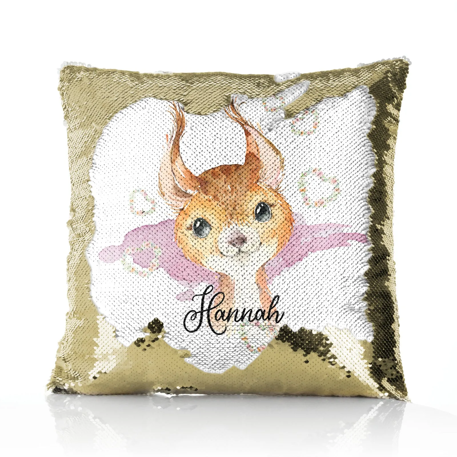 Personalised Sequin Cushion with Red squirrel Heart Wreaths and Cute Text
