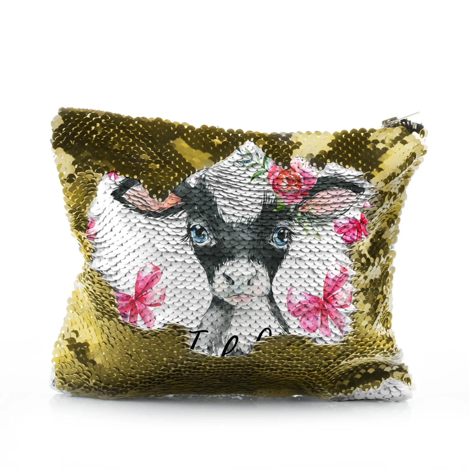 Personalised Sequin Zip Bag with Cow Pink Bows and Cute Text