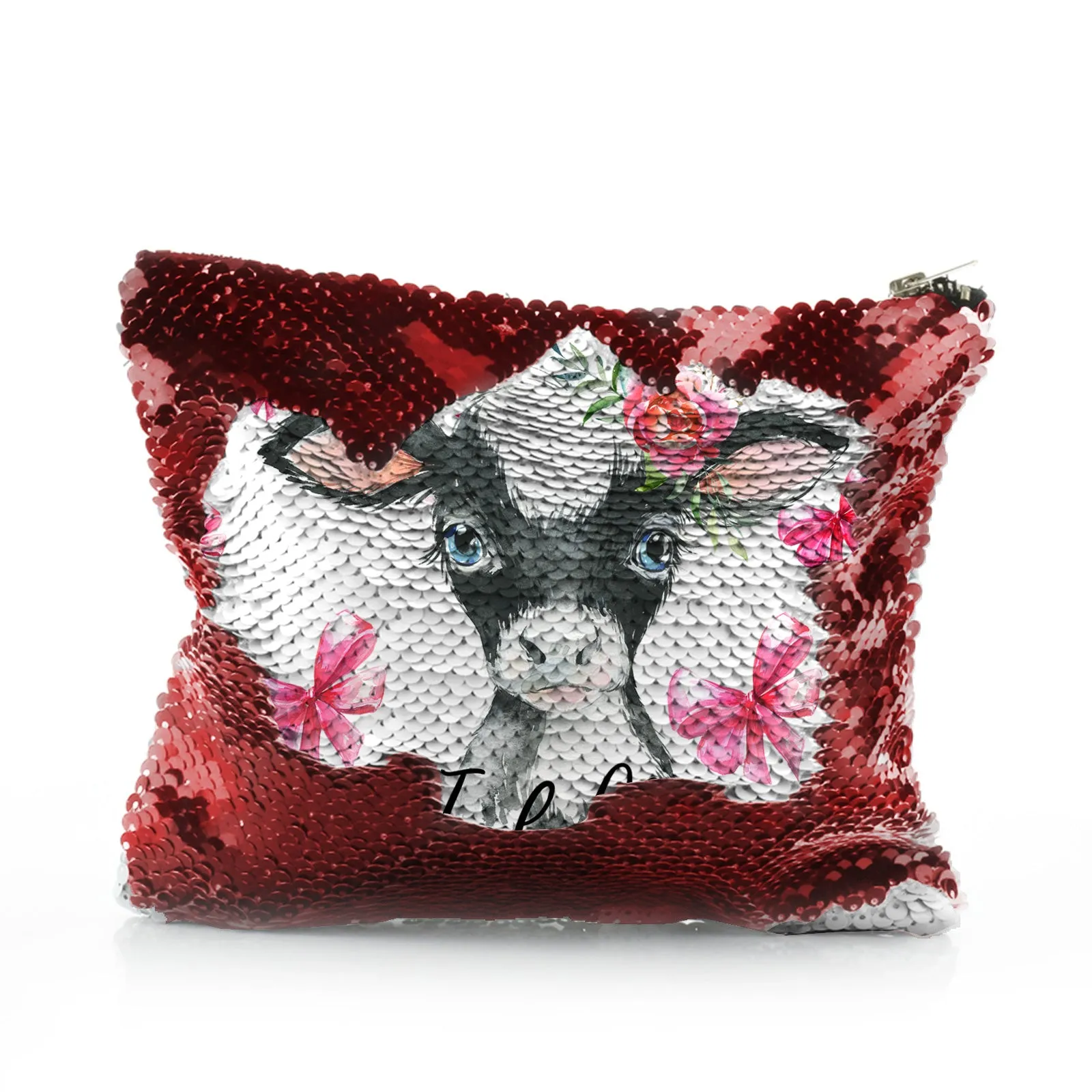 Personalised Sequin Zip Bag with Cow Pink Bows and Cute Text