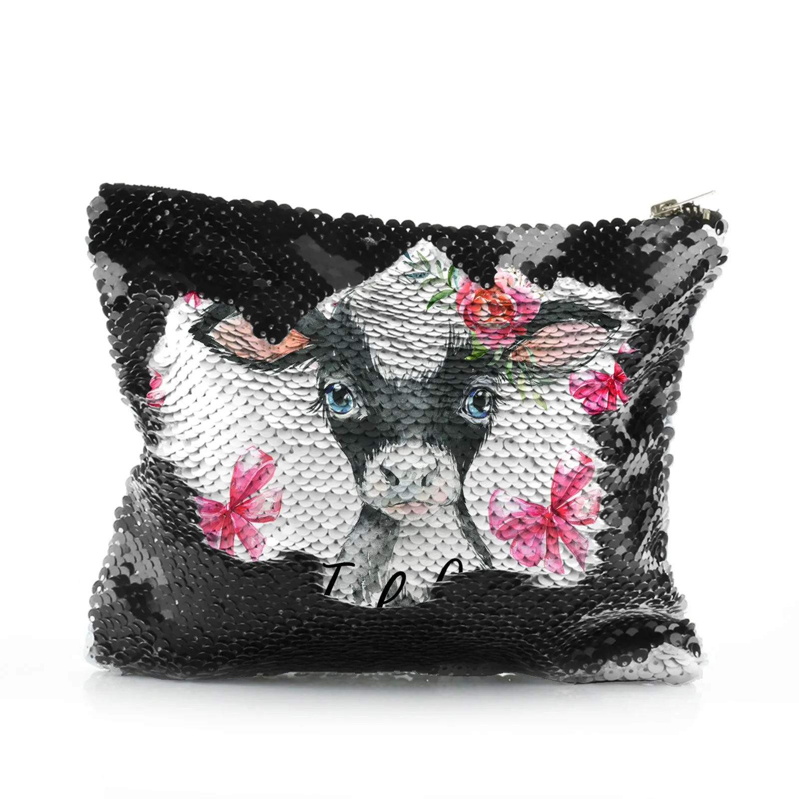 Personalised Sequin Zip Bag with Cow Pink Bows and Cute Text