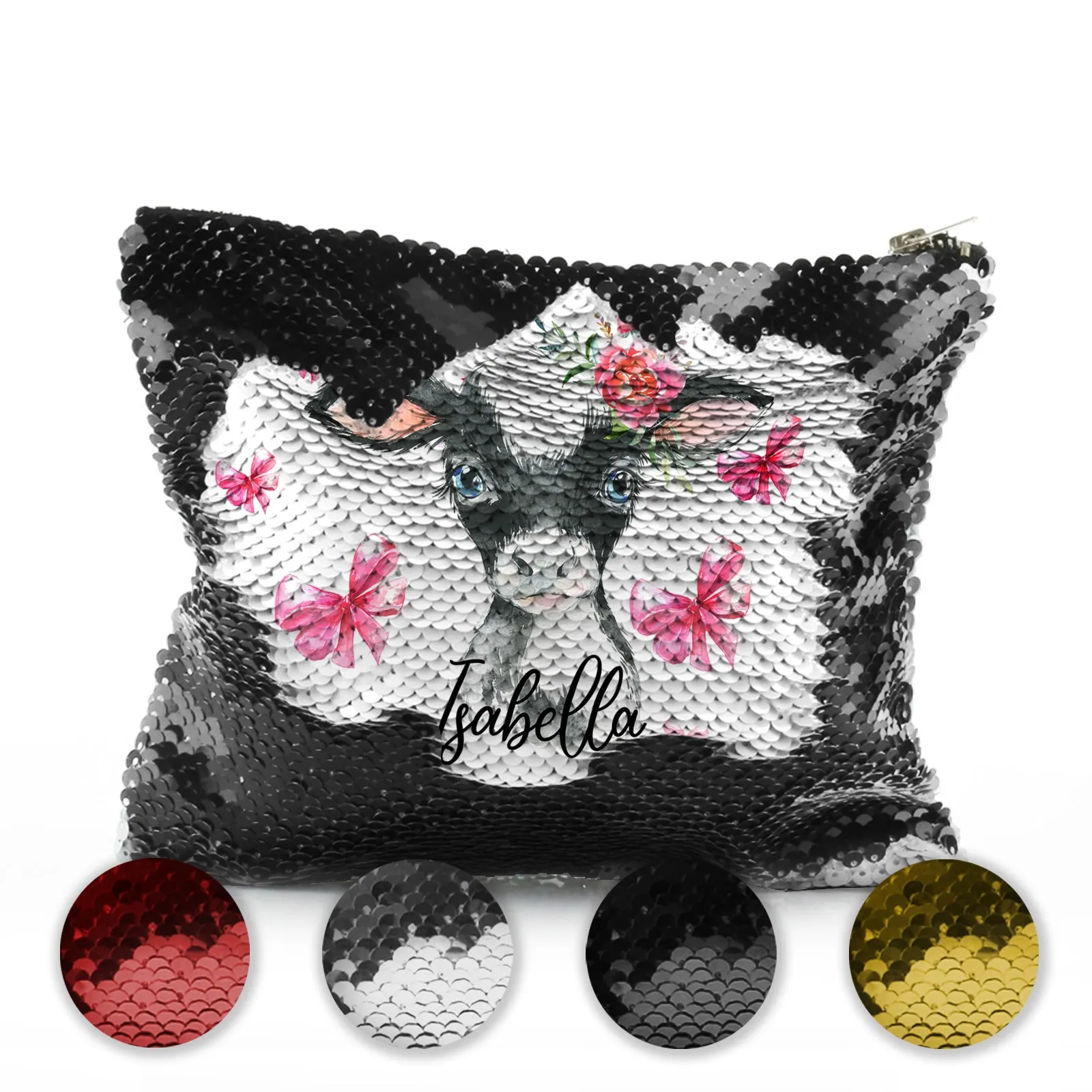 Personalised Sequin Zip Bag with Cow Pink Bows and Cute Text