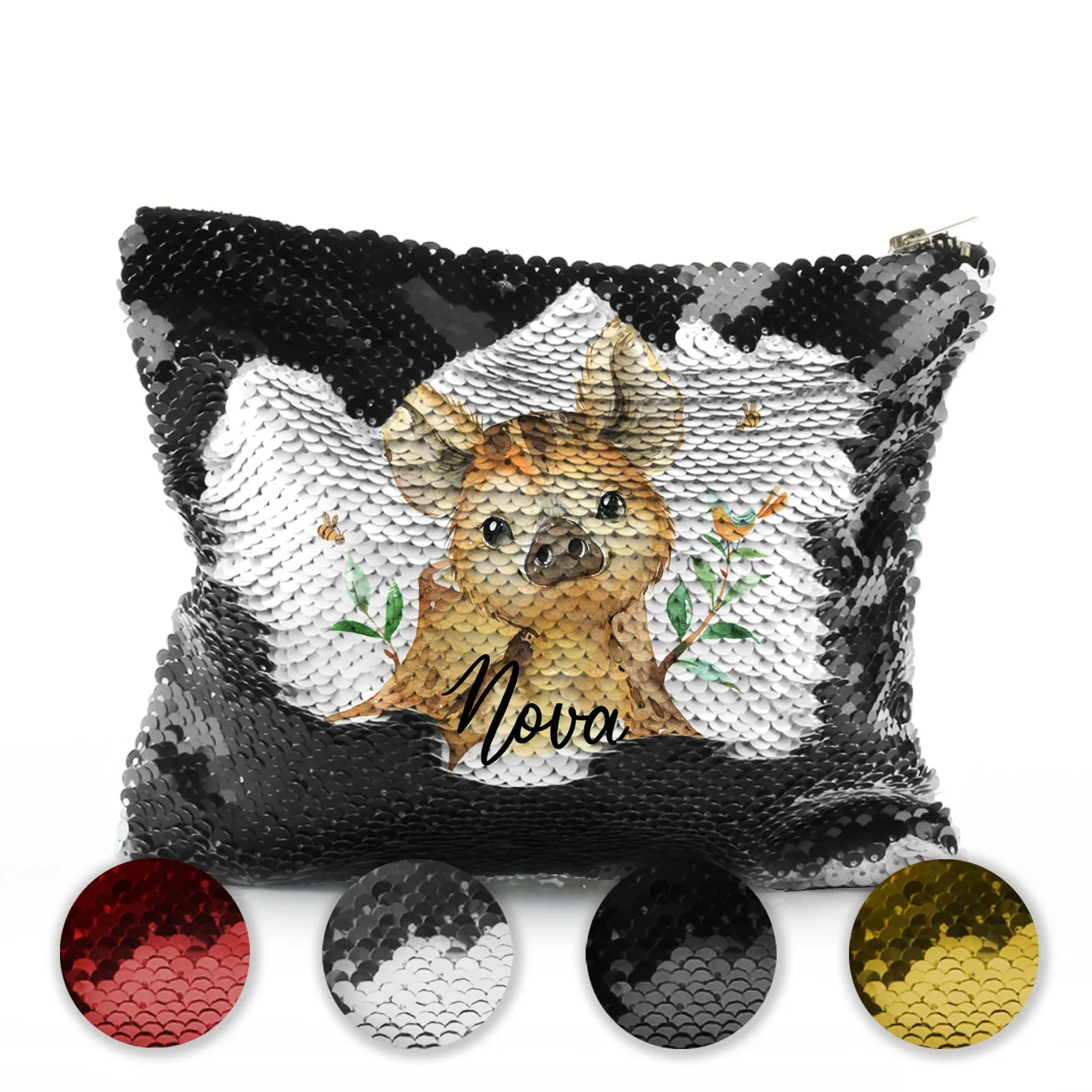 Personalised Sequin Zip Bag with Wild Boar Piglet with Bird and Bees and Cute Text