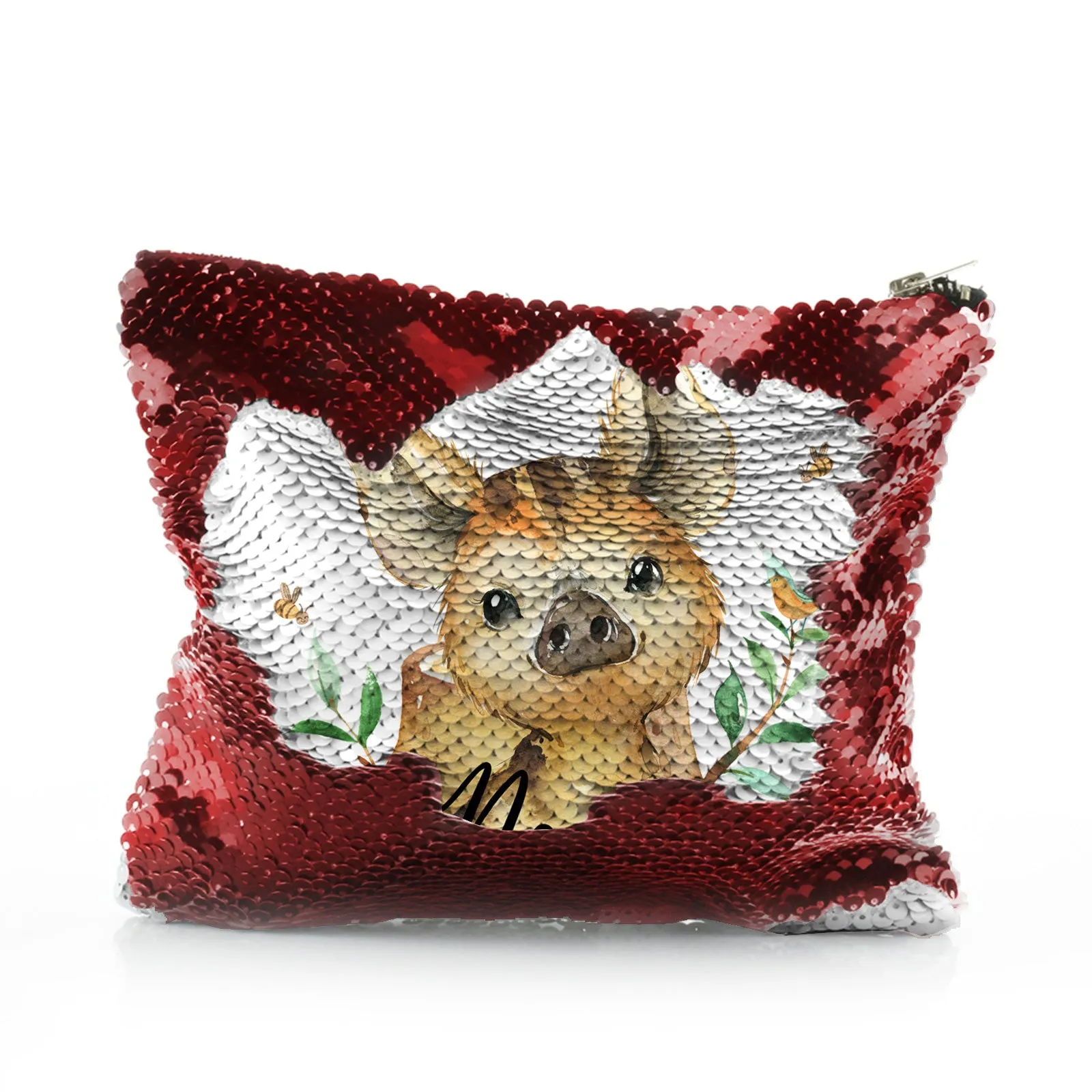 Personalised Sequin Zip Bag with Wild Boar Piglet with Bird and Bees and Cute Text