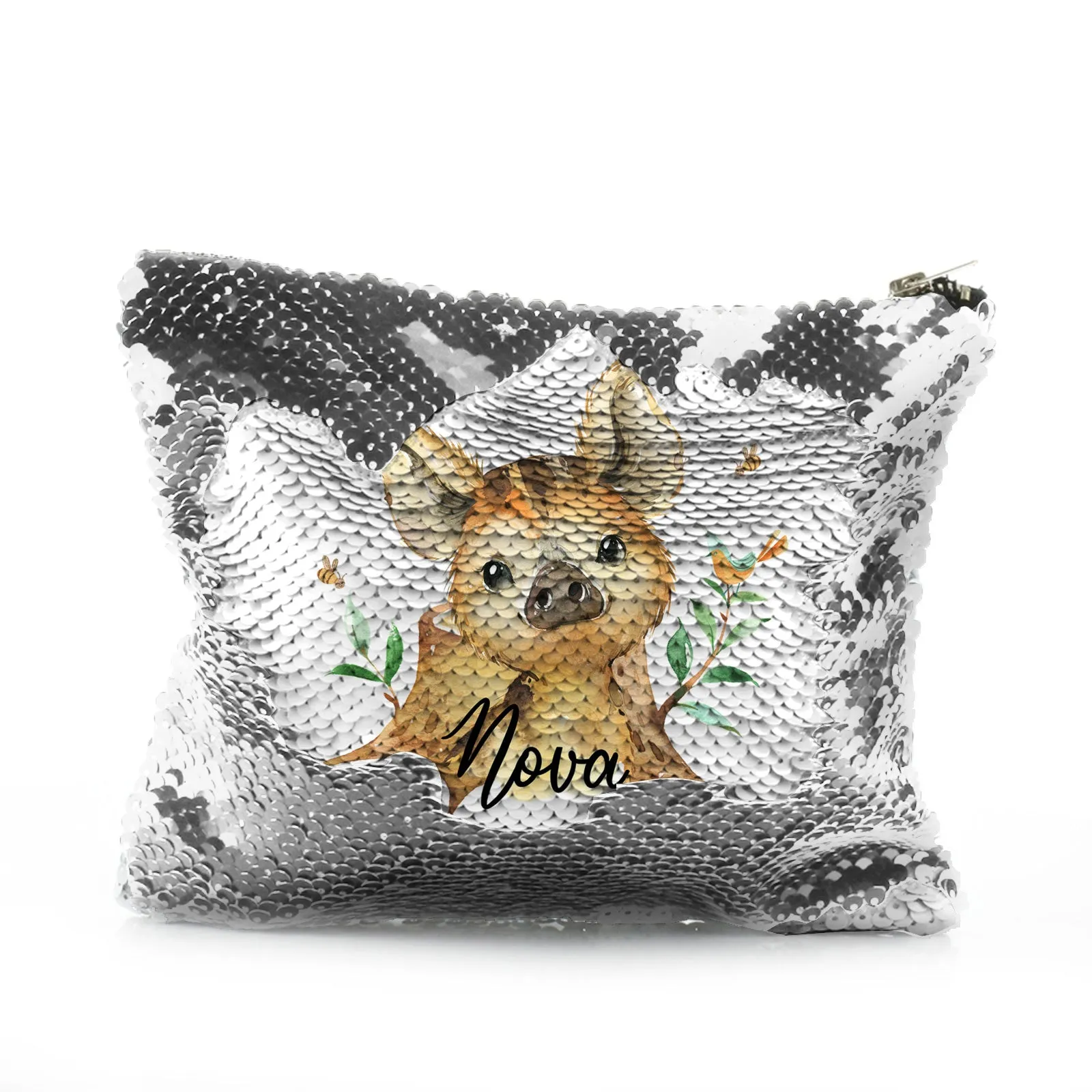 Personalised Sequin Zip Bag with Wild Boar Piglet with Bird and Bees and Cute Text