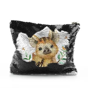 Personalised Sequin Zip Bag with Wild Boar Piglet with Bird and Bees and Cute Text