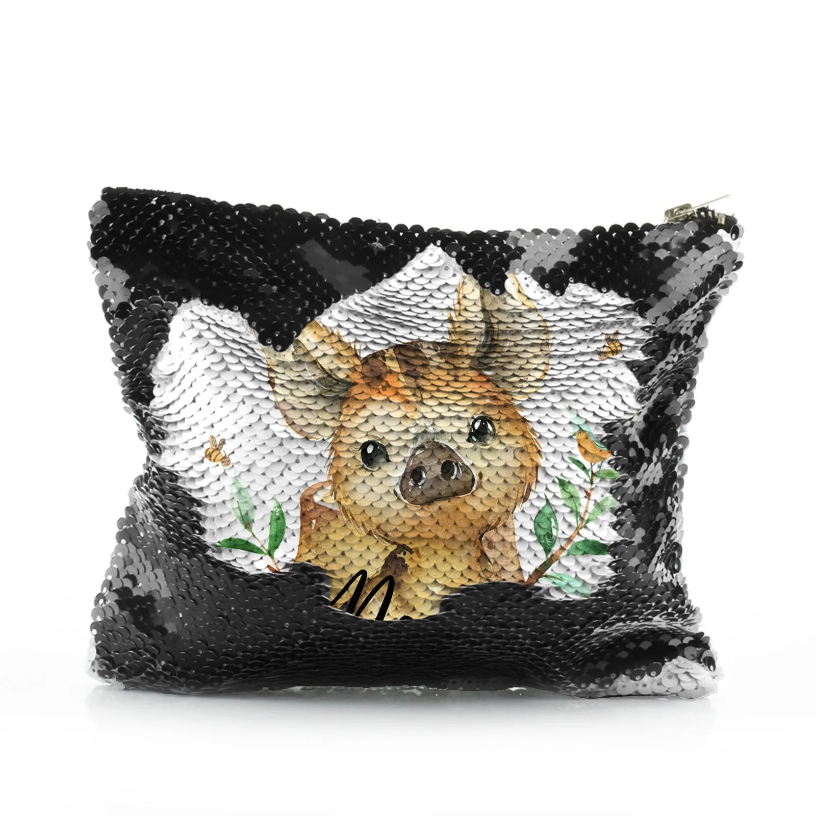 Personalised Sequin Zip Bag with Wild Boar Piglet with Bird and Bees and Cute Text