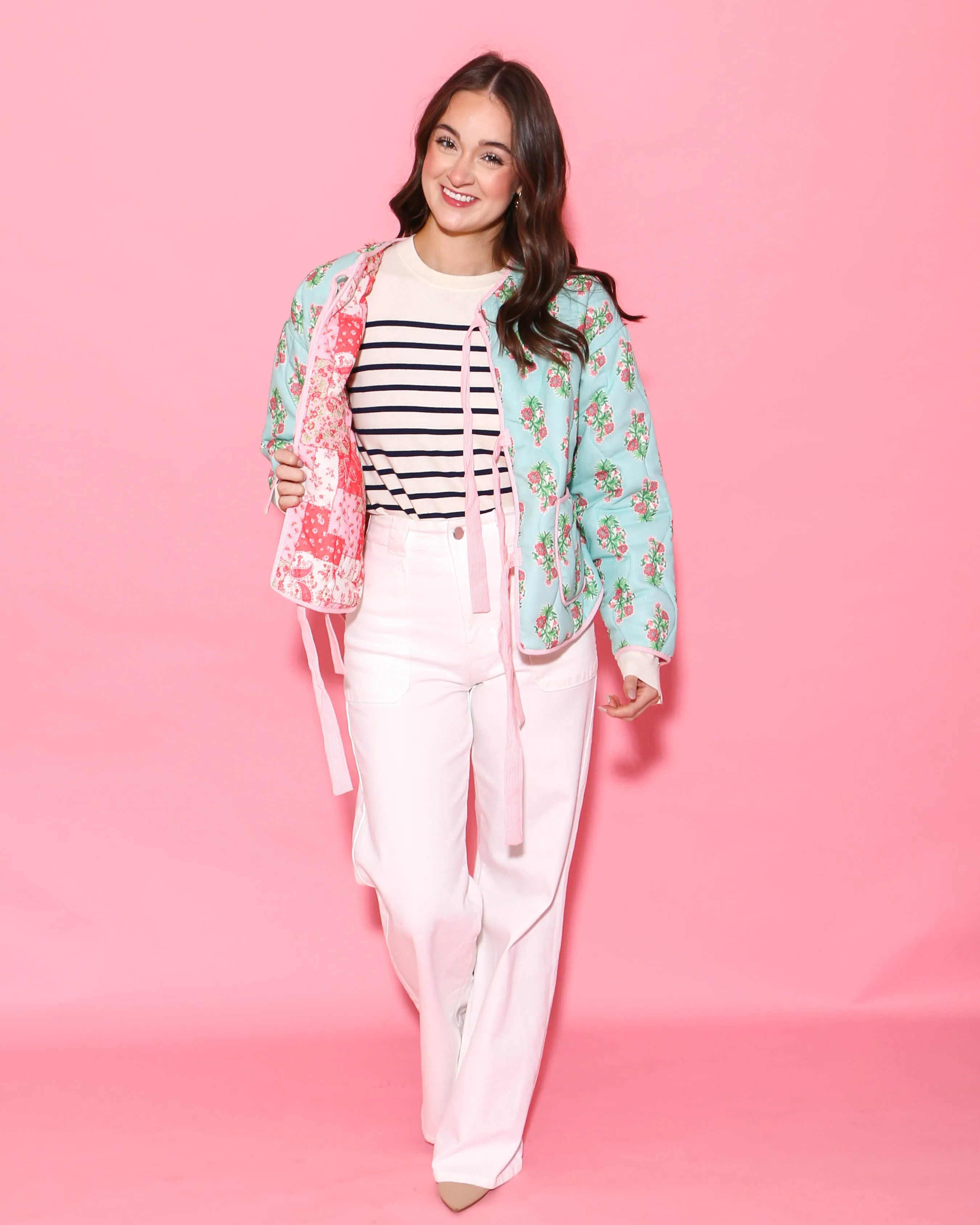 Reversible Cotton Print Quilted Jacket with Bows