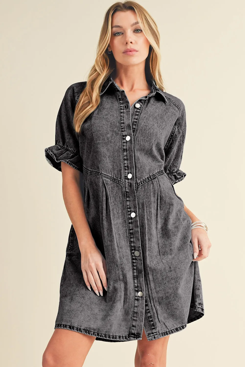 Ruffled Short Sleeve Pocketed Denim Dress