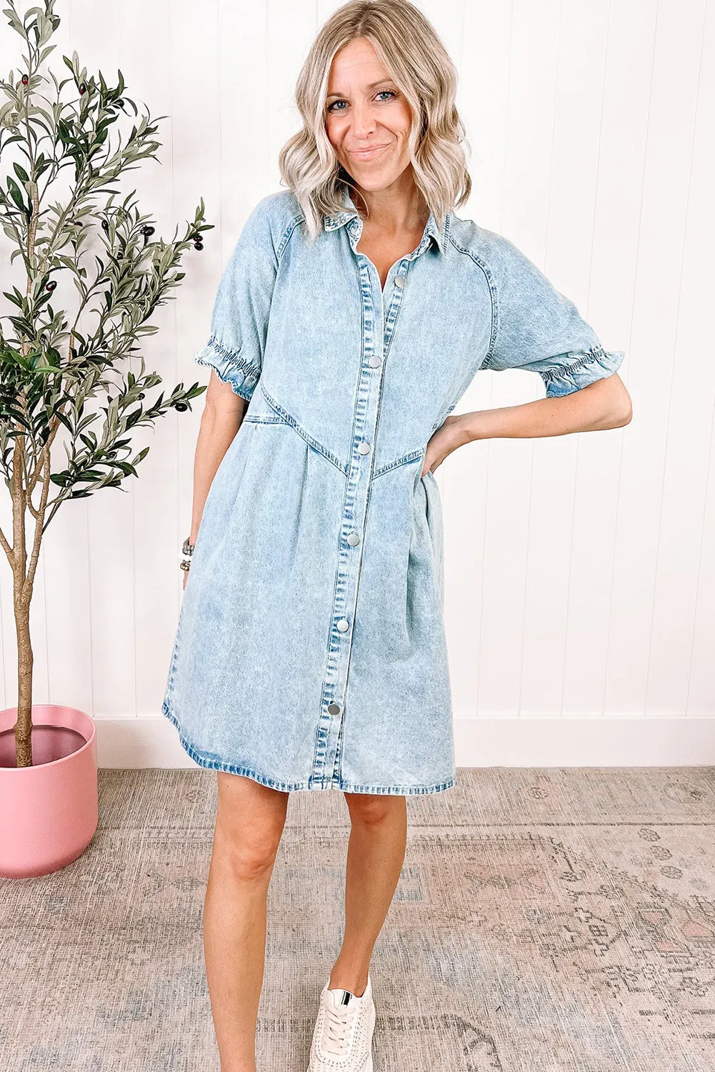 Ruffled Short Sleeve Pocketed Denim Dress