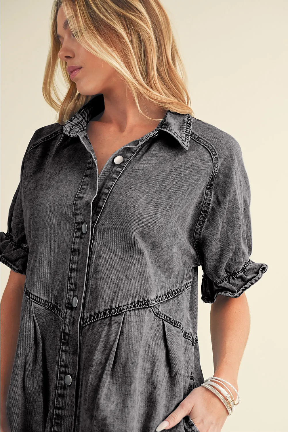 Ruffled Short Sleeve Pocketed Denim Dress
