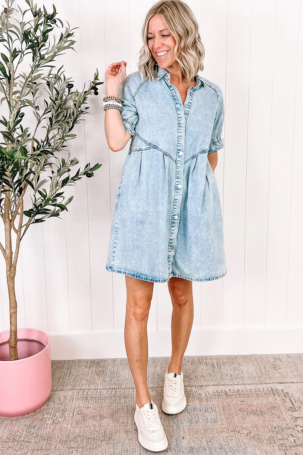 Ruffled Short Sleeve Pocketed Denim Dress