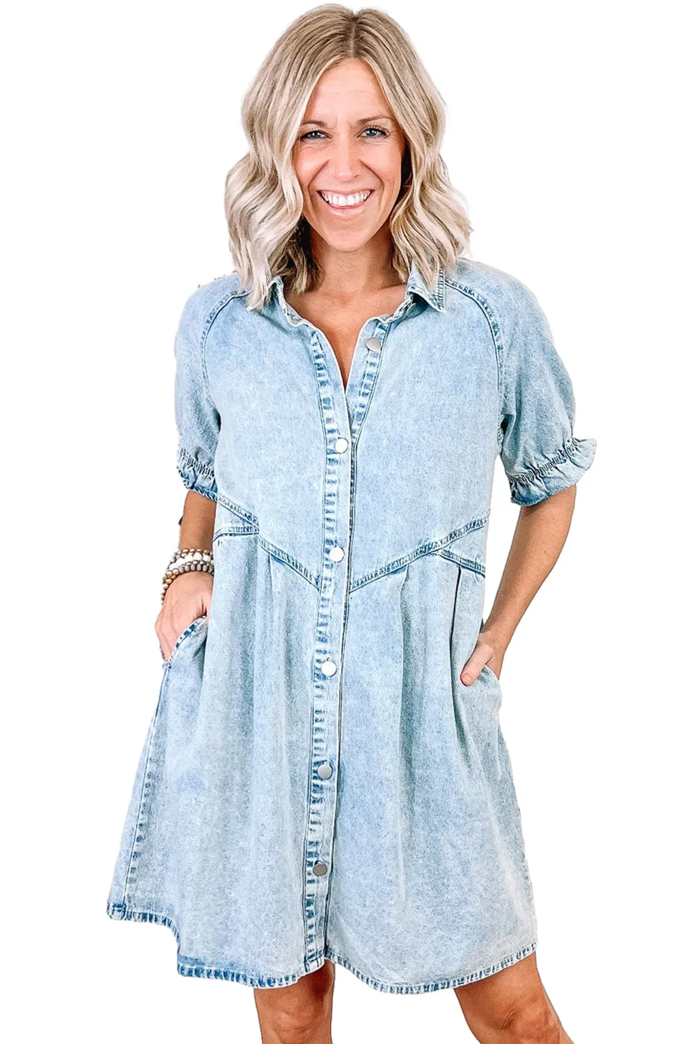 Ruffled Short Sleeve Pocketed Denim Dress