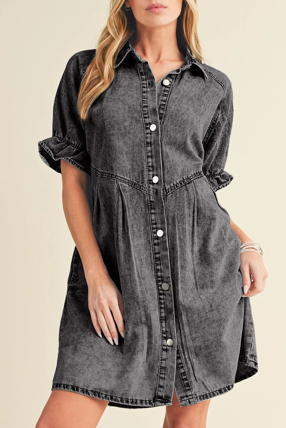 Ruffled Short Sleeve Pocketed Denim Dress