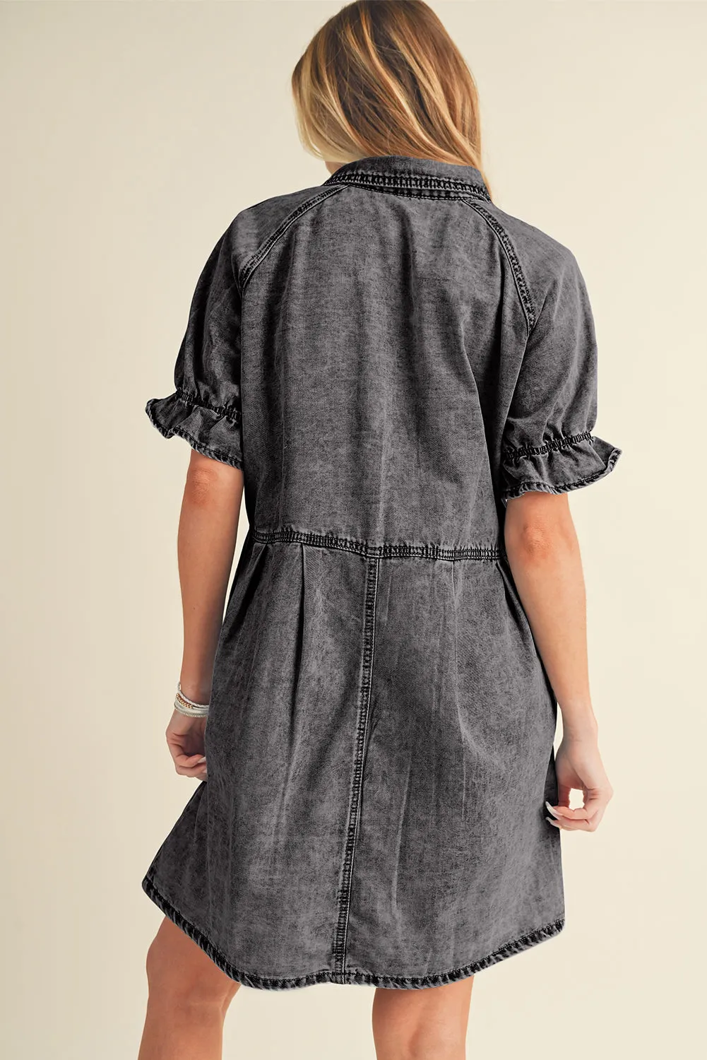 Ruffled Short Sleeve Pocketed Denim Dress