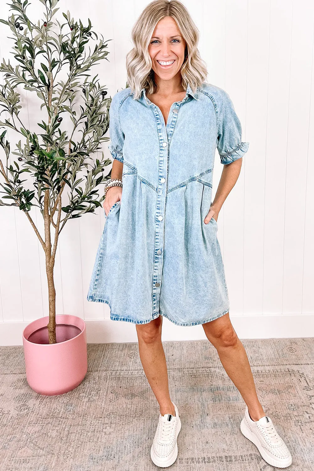 Ruffled Short Sleeve Pocketed Denim Dress