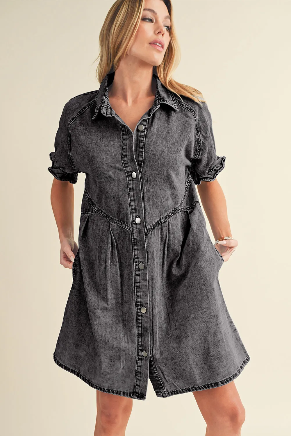 Ruffled Short Sleeve Pocketed Denim Dress