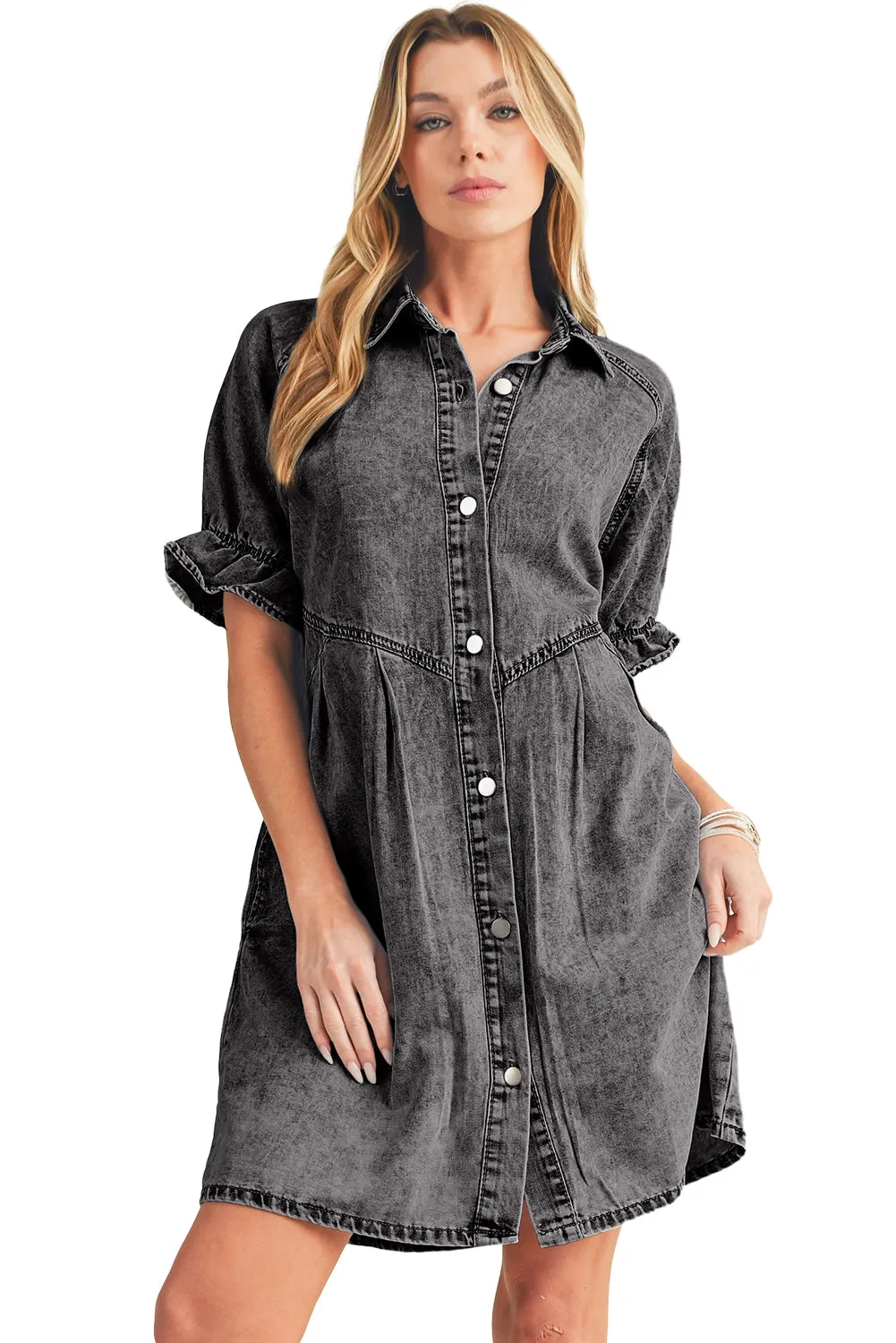 Ruffled Short Sleeve Pocketed Denim Dress