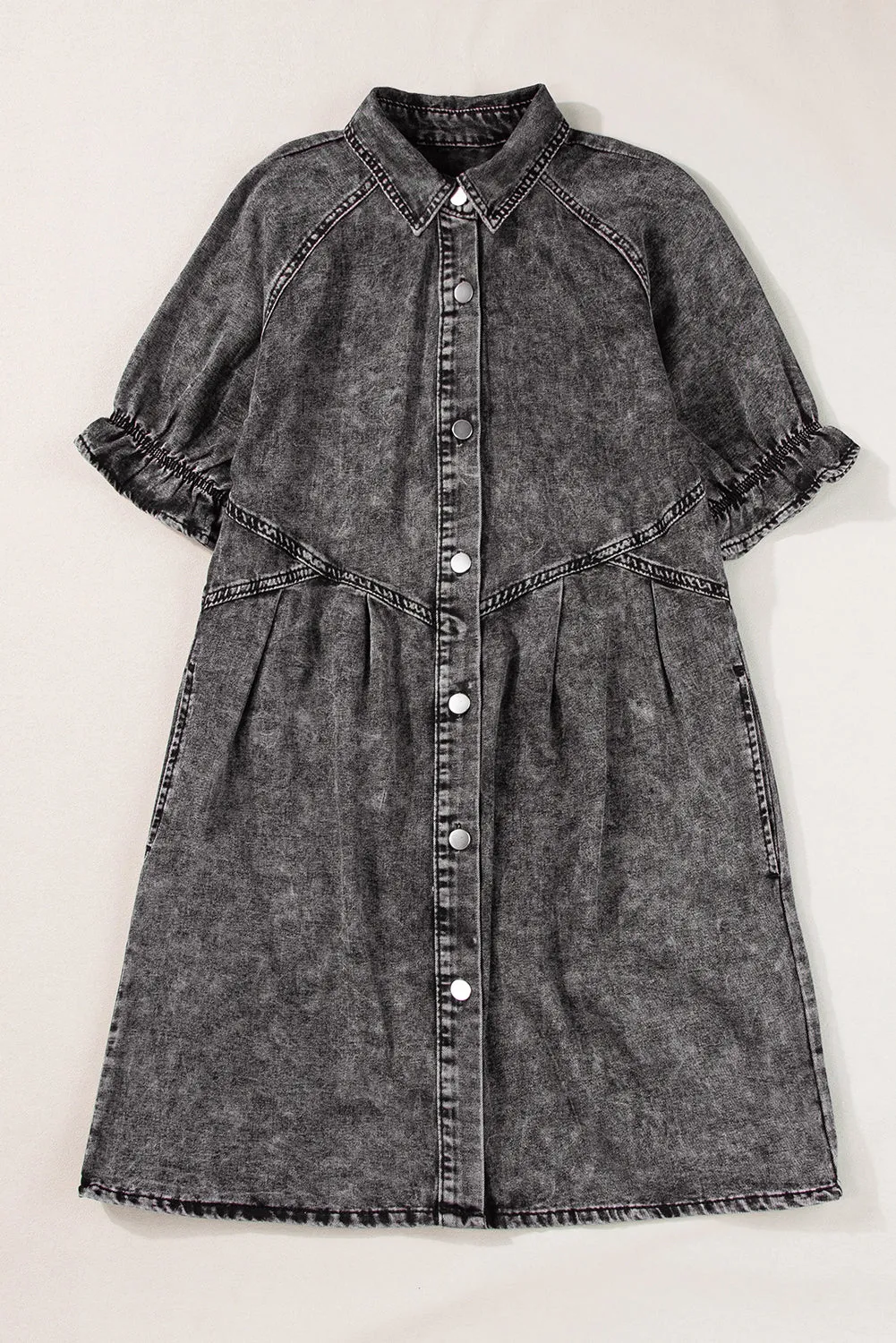 Ruffled Short Sleeve Pocketed Denim Dress