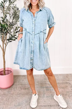 Ruffled Short Sleeve Pocketed Denim Dress