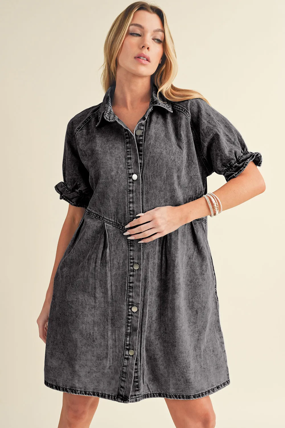 Ruffled Short Sleeve Pocketed Denim Dress