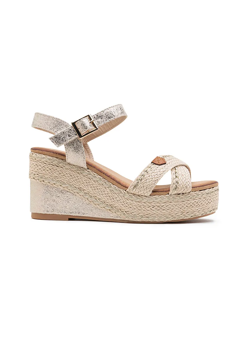 Sandales compensées Espadrilles avec brides croisées, Doré