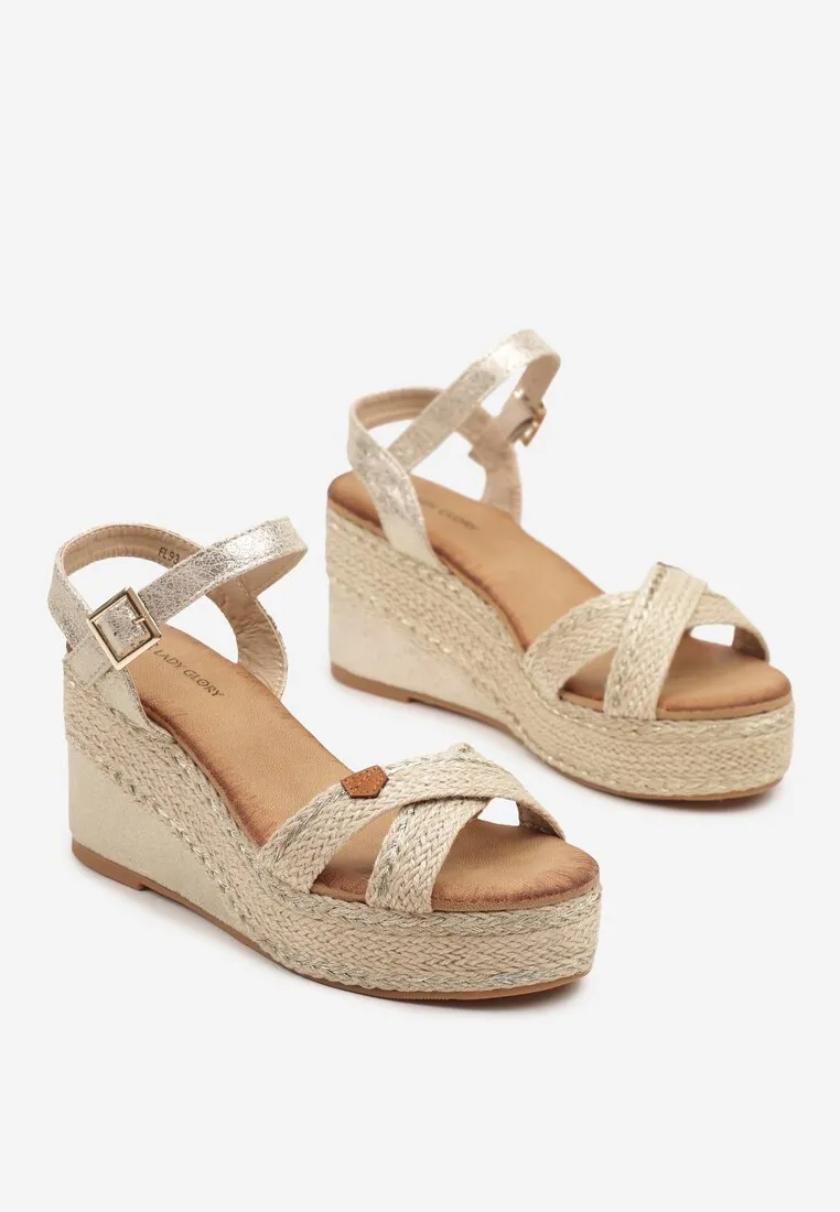 Sandales compensées Espadrilles avec brides croisées, Doré