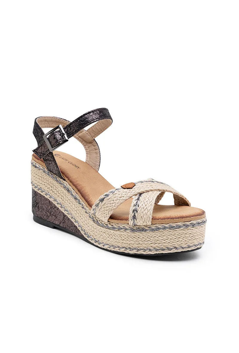 Sandales compensées Espadrilles avec brides croisées, Noir
