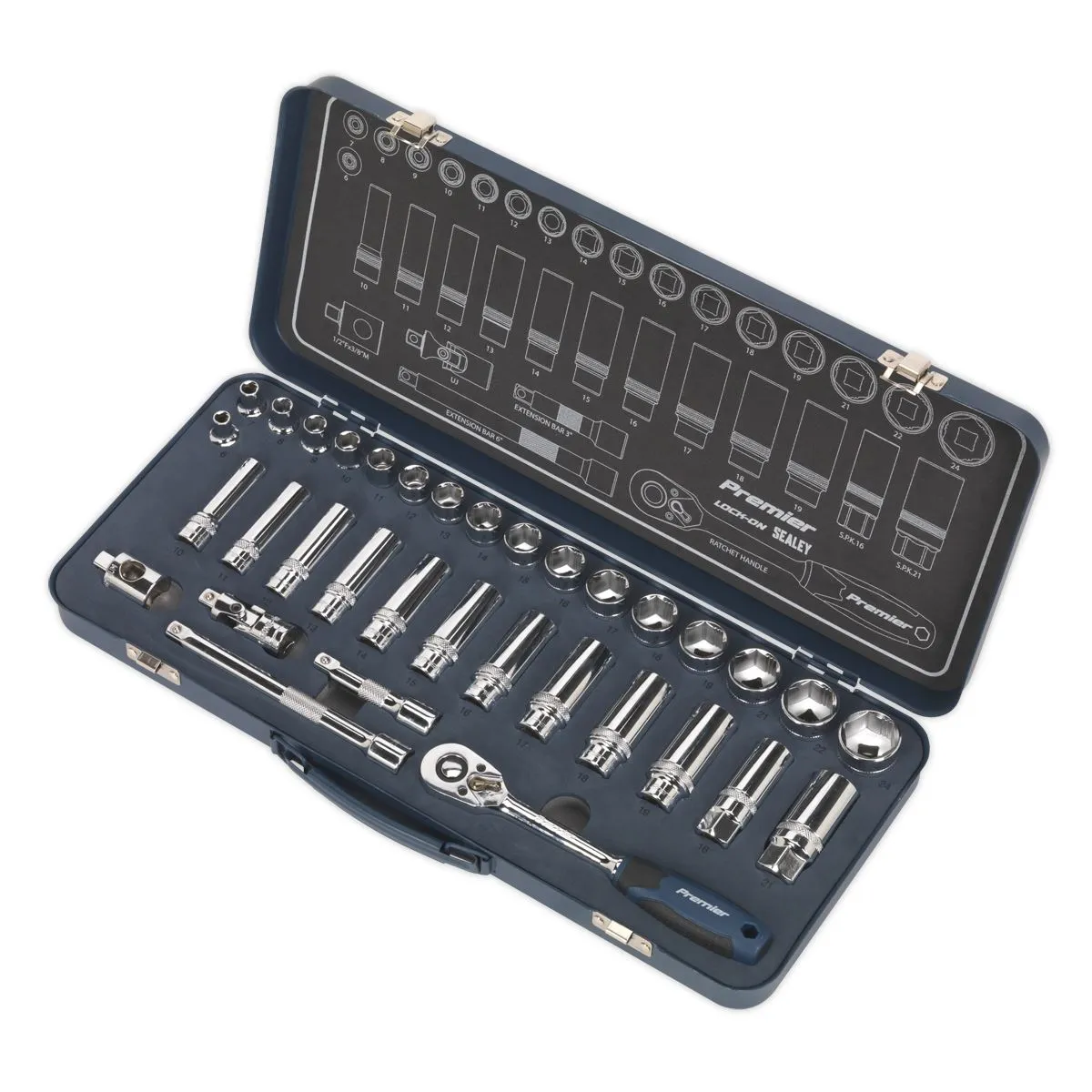 Sealey Premier 34 Piece 3/8" Drive Lock On Socket Set 6-24mm Ratchet Handle