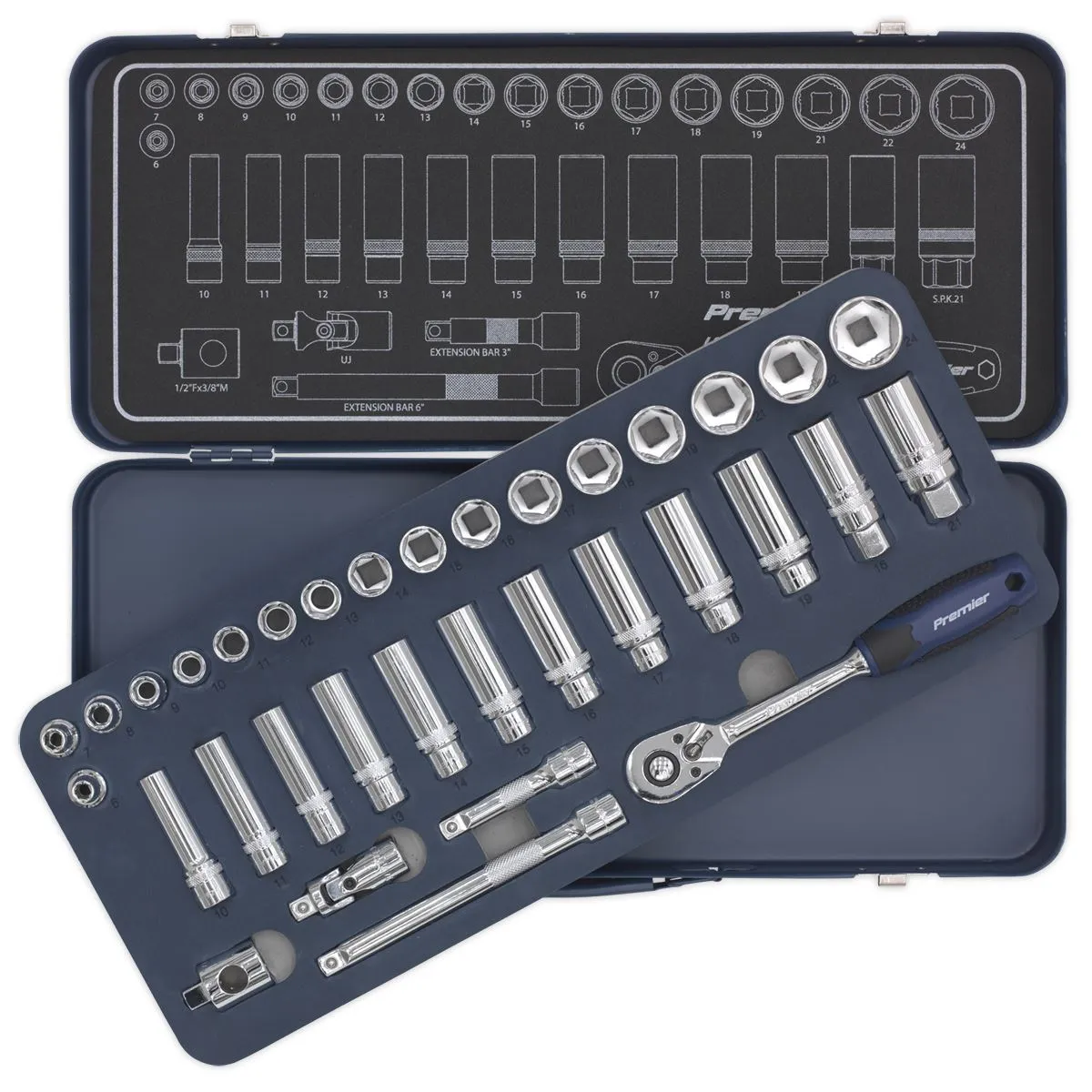 Sealey Premier 34 Piece 3/8" Drive Lock On Socket Set 6-24mm Ratchet Handle