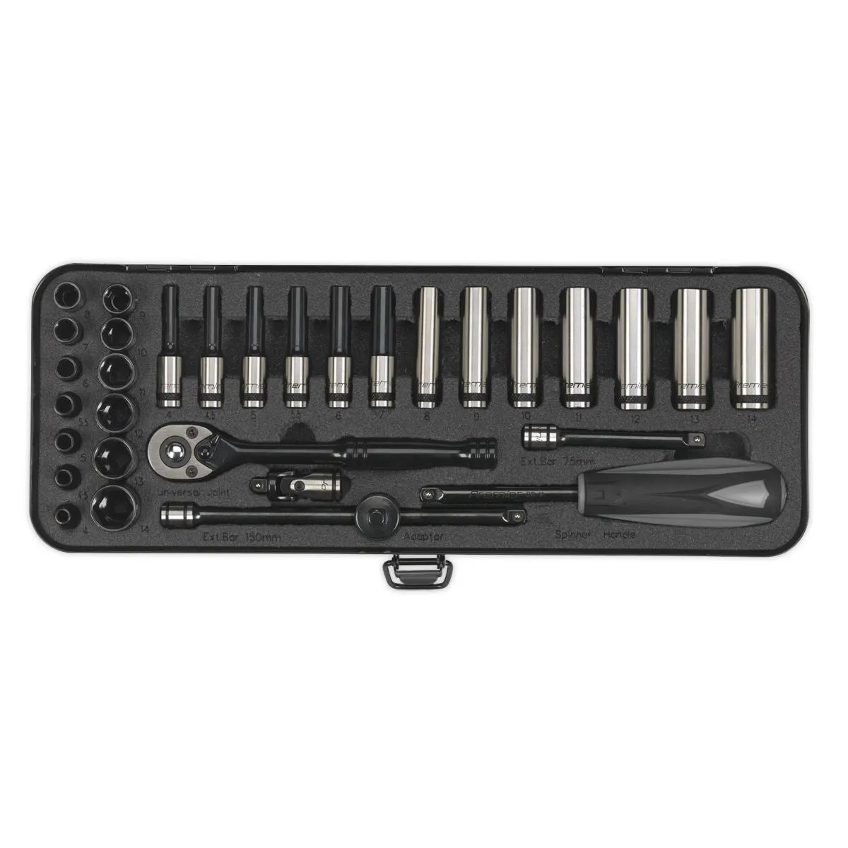 Sealey Premier Black 32 Piece 1/4" Drive Metric Socket Set WallDrive Ratchet Handle