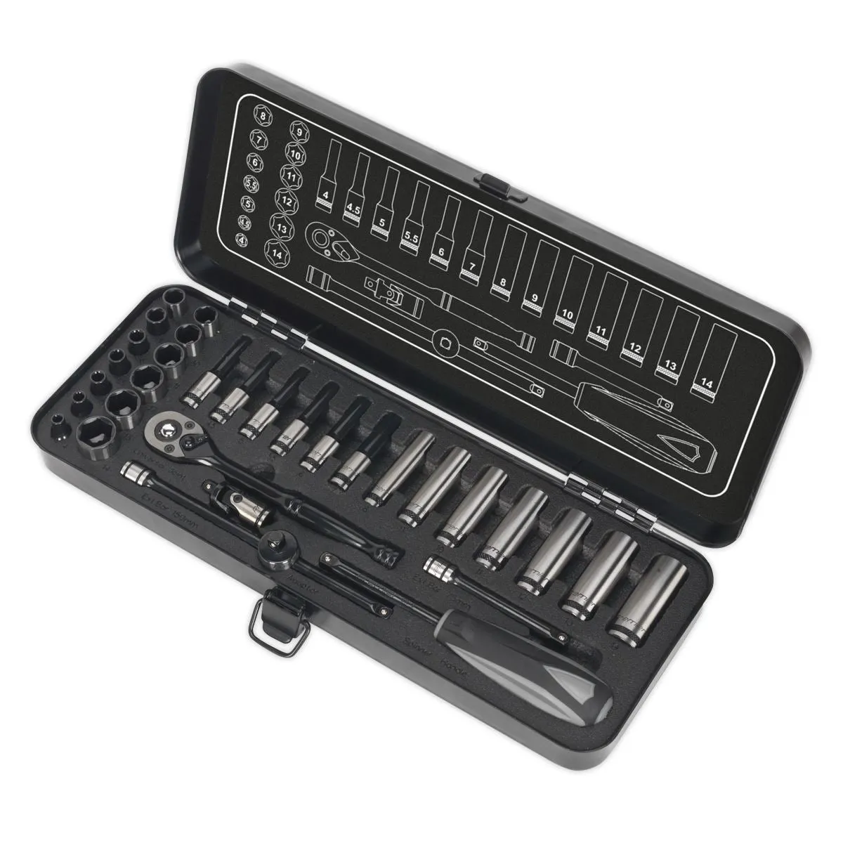 Sealey Premier Black 32 Piece 1/4" Drive Metric Socket Set WallDrive Ratchet Handle
