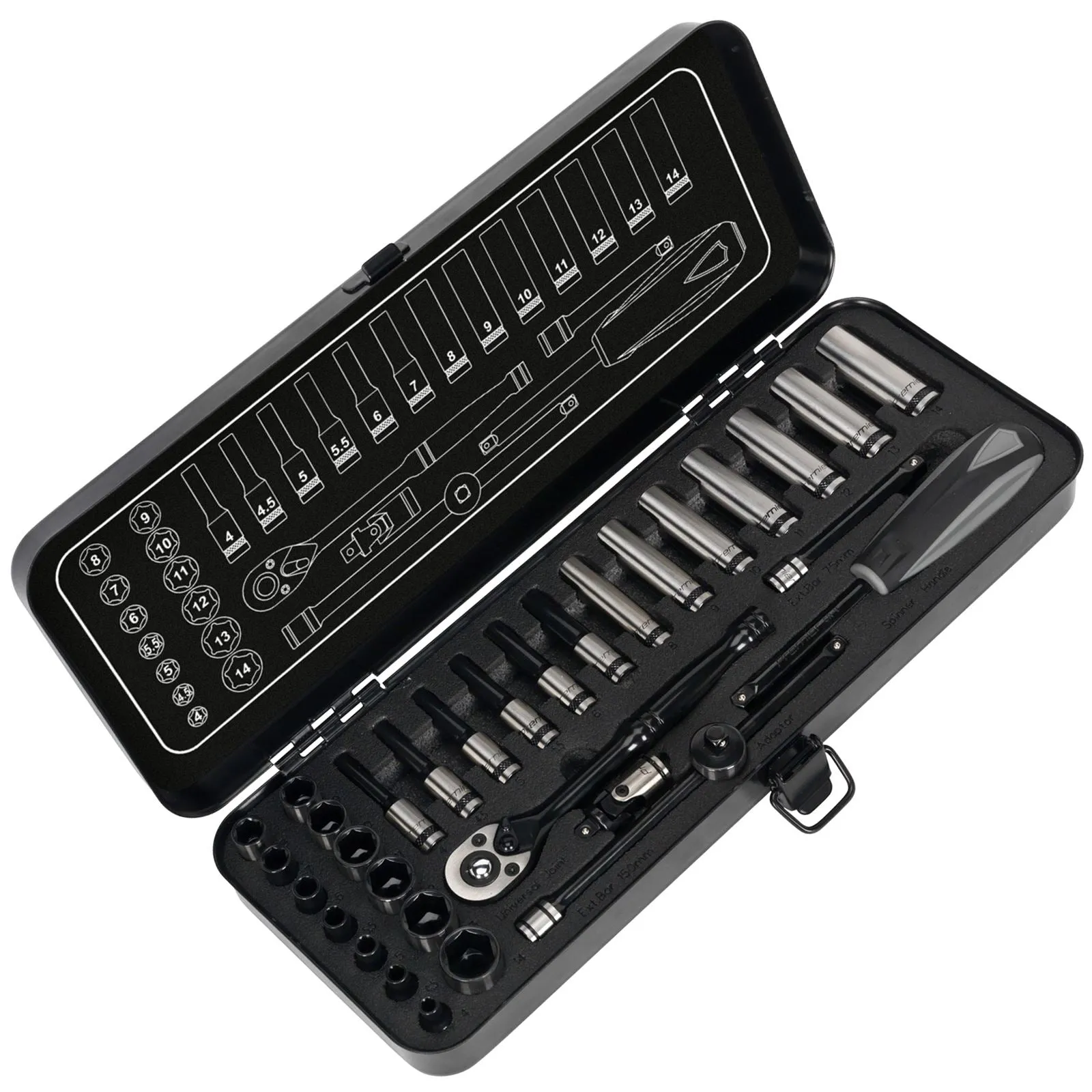 Sealey Premier Black 32 Piece 1/4" Drive Metric Socket Set WallDrive Ratchet Handle