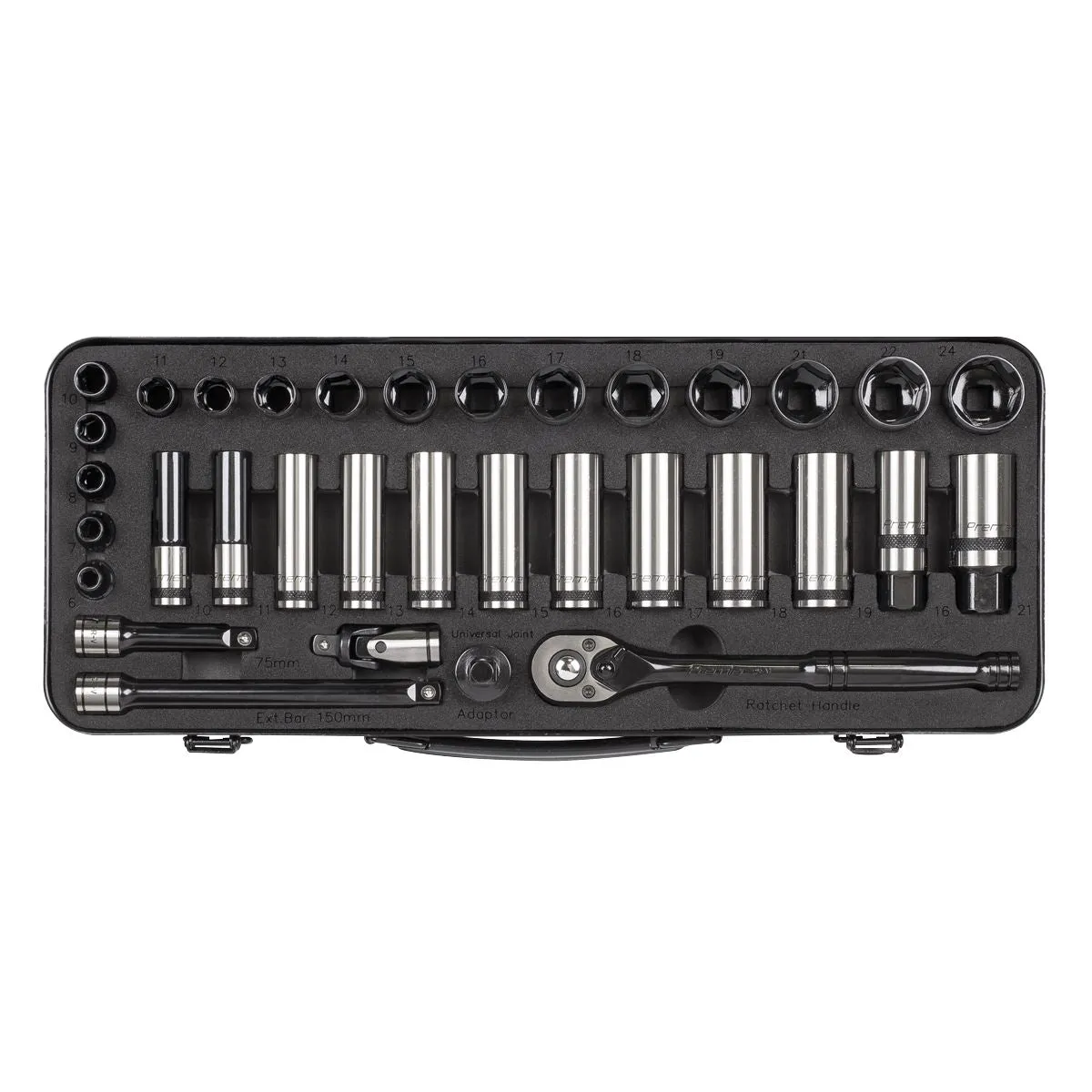 Sealey Premier Black 34 Piece 3/8" Drive Metric Socket Set WallDrive Ratchet Handle