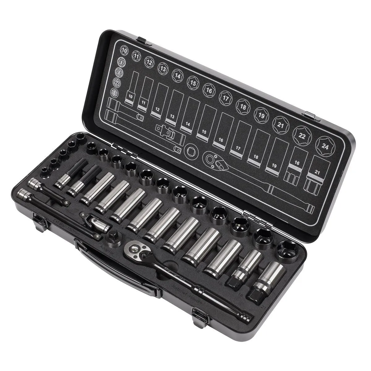 Sealey Premier Black 34 Piece 3/8" Drive Metric Socket Set WallDrive Ratchet Handle