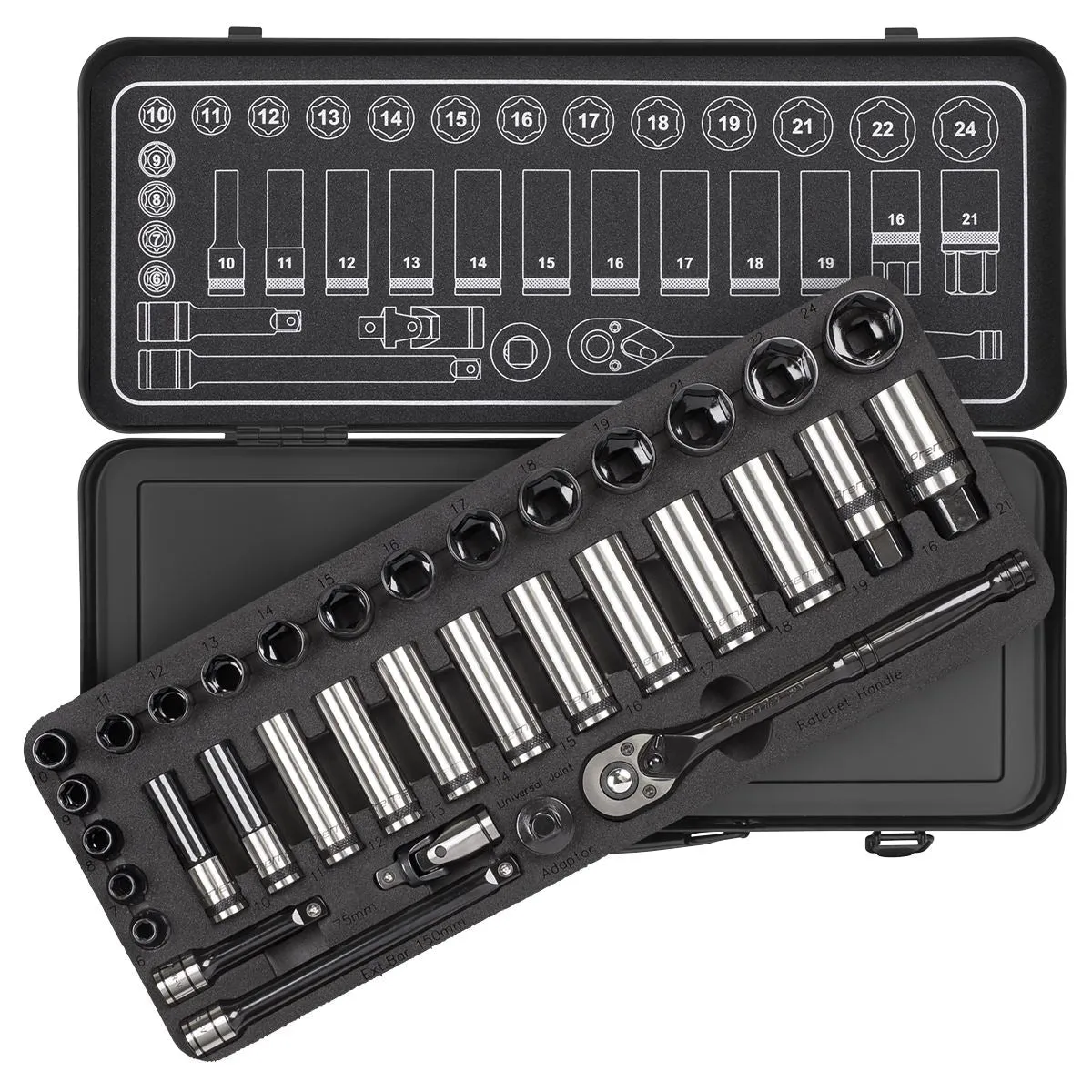 Sealey Premier Black 34 Piece 3/8" Drive Metric Socket Set WallDrive Ratchet Handle