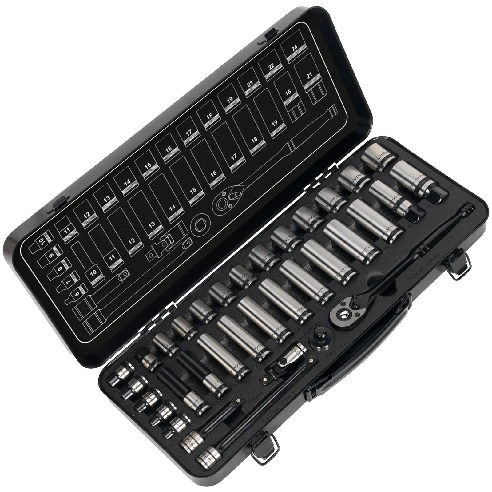 Sealey Premier Black 34 Piece 3/8" Drive Metric Socket Set WallDrive Ratchet Handle