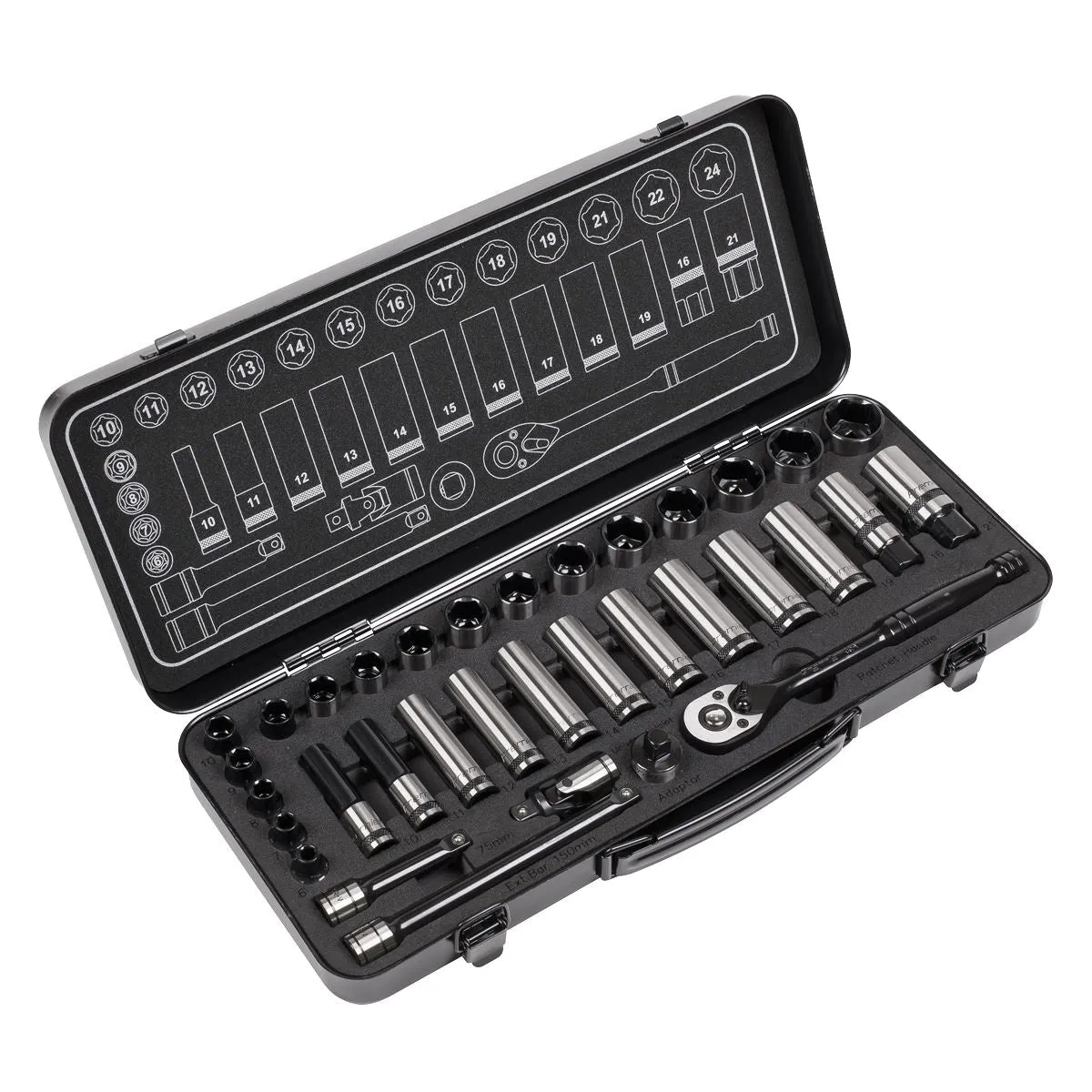 Sealey Premier Black 34 Piece 3/8" Drive Metric Socket Set WallDrive Ratchet Handle