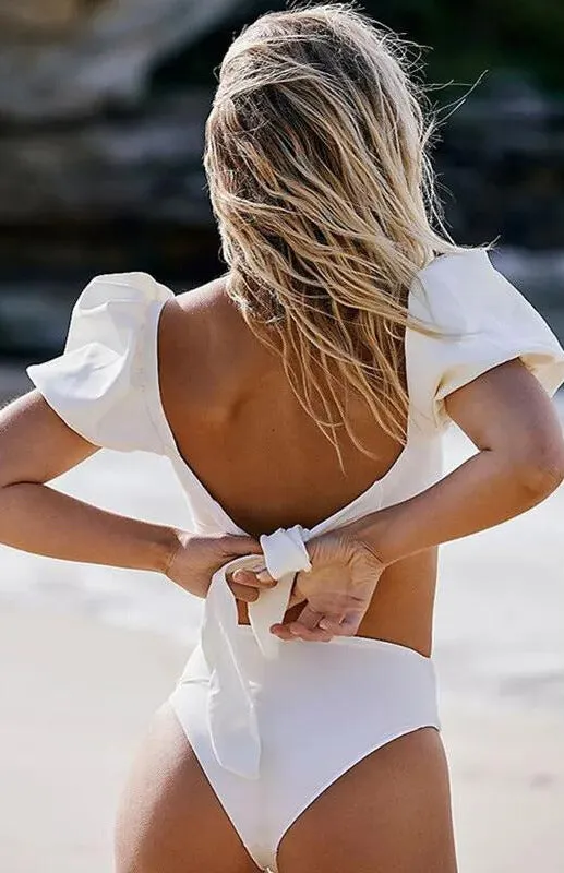 Sexy Backless Puff Sleeves Split Swimsuit