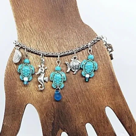 Silver Color  Handmade Bracelet With Turquoise Turtle -Blue Beads -