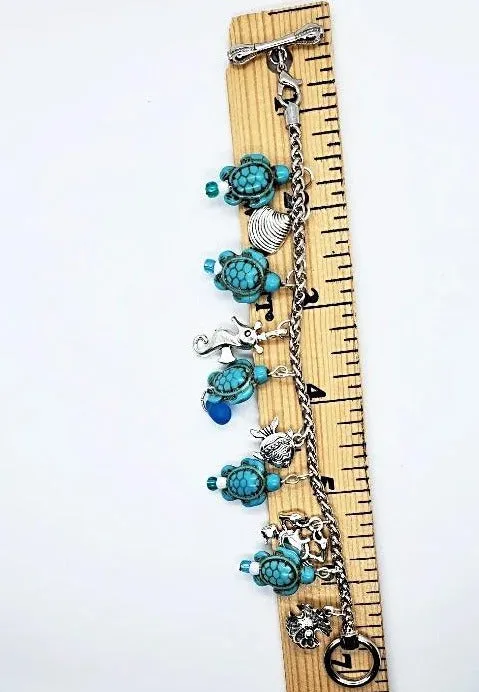 Silver Color  Handmade Bracelet With Turquoise Turtle -Blue Beads -