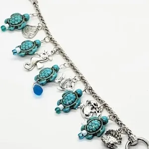 Silver Color  Handmade Bracelet With Turquoise Turtle -Blue Beads -