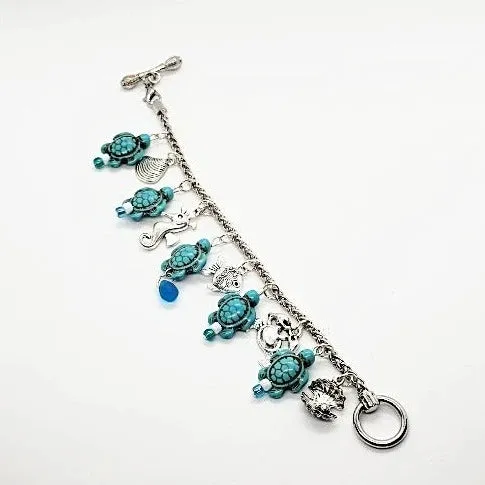 Silver Color  Handmade Bracelet With Turquoise Turtle -Blue Beads -