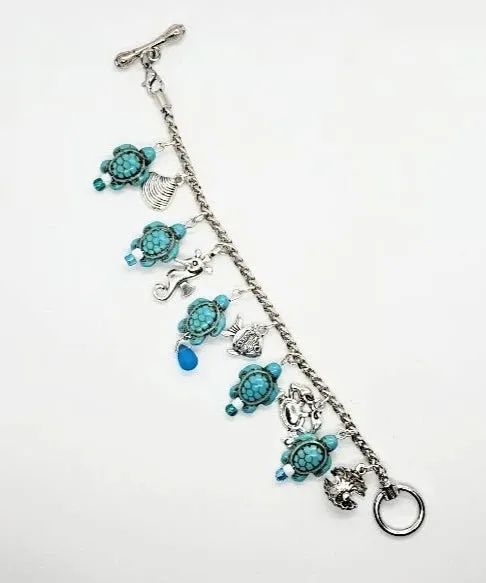 Silver Color  Handmade Bracelet With Turquoise Turtle -Blue Beads -