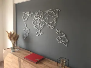 Silver Gray Geometric World Map Metal Art