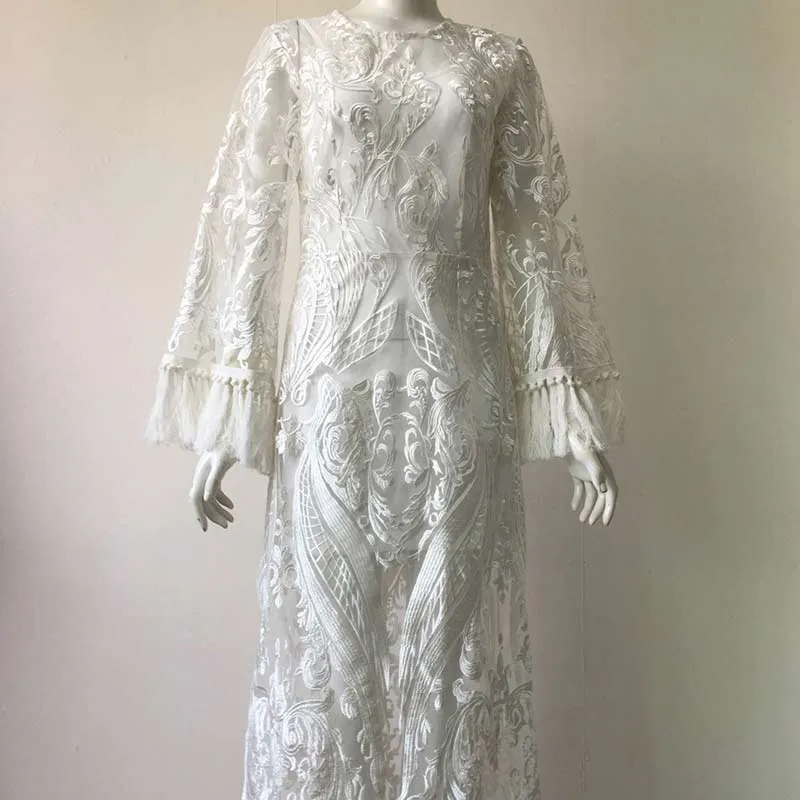 Solid Long Sleeve Lace Patchwork Tassel Design Dress Set
