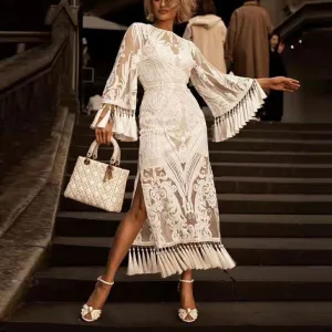 Solid Long Sleeve Lace Patchwork Tassel Design Dress Set
