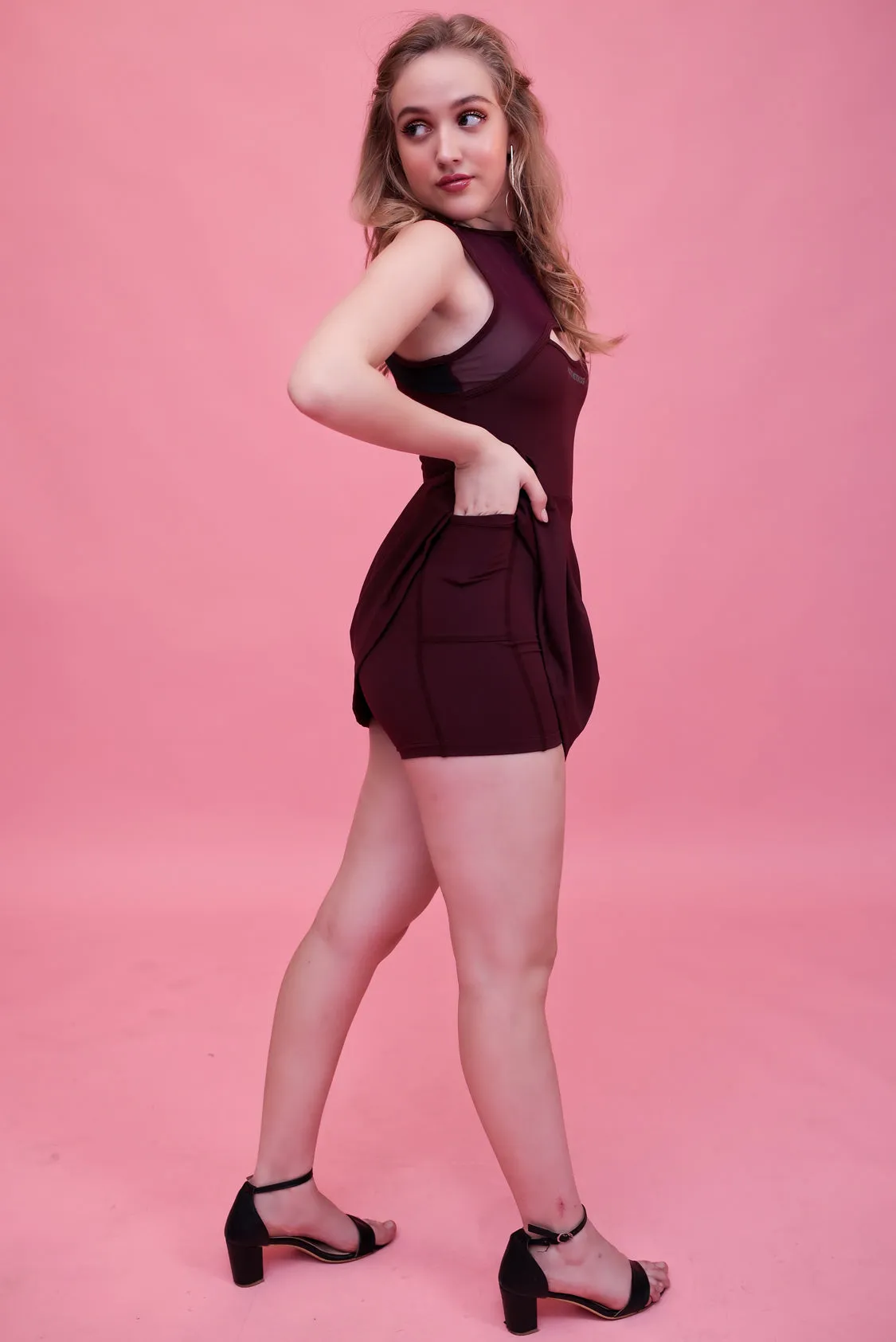 Swirl Tennis Skirt Dress for adventure and coffee run ( Wine )