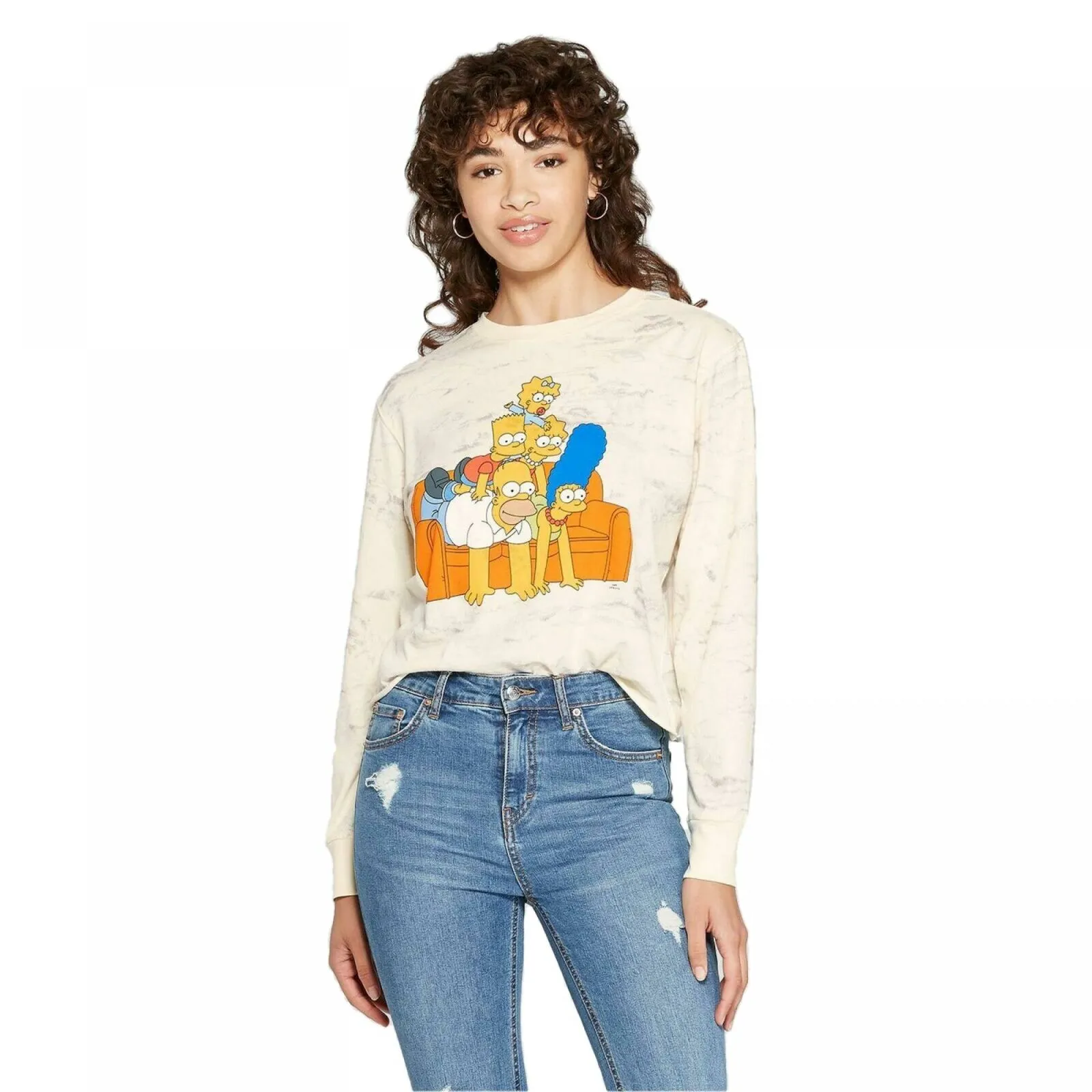 The Simpsons Couch Stack Long Sleeve Cropped Graphic T-Shirt